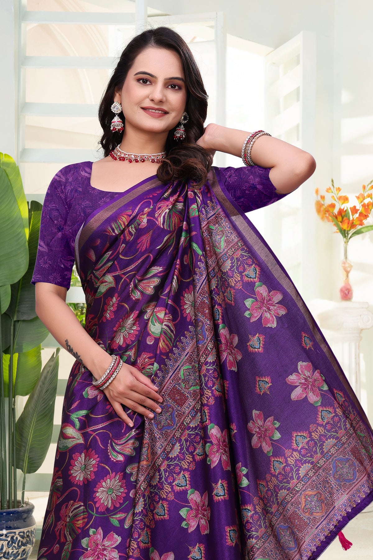 Purple Mal Cotton Printed Saree With Blouse for Women