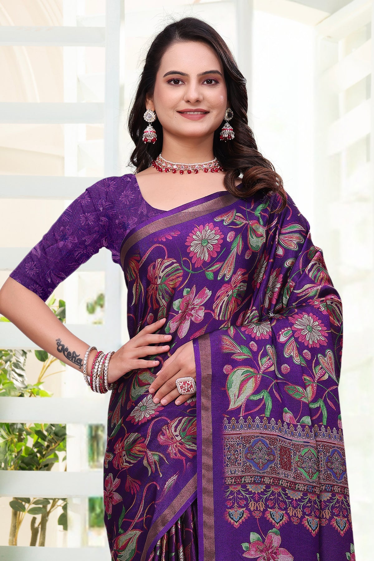 Purple Mal Cotton Printed Saree With Blouse for Women