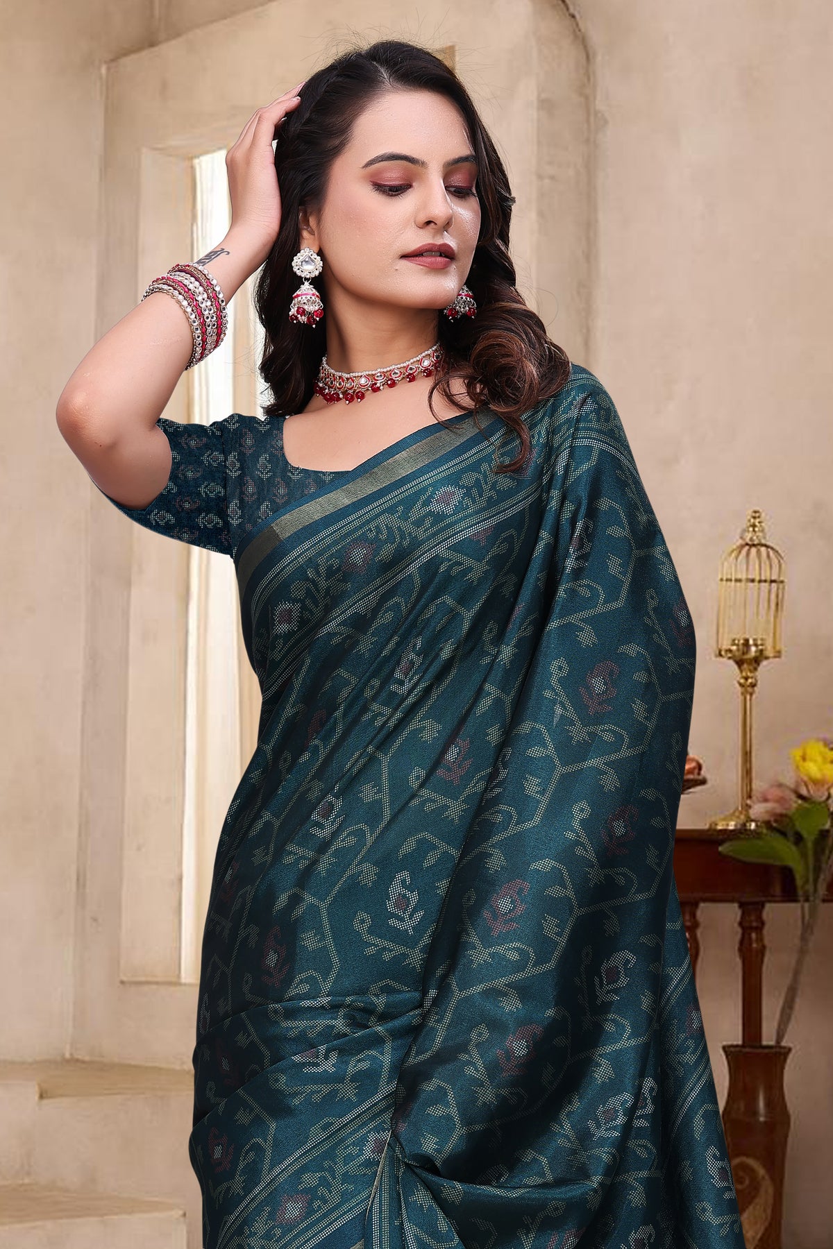 Teal Mal Cotton Woven Print Saree With Blouse for Women