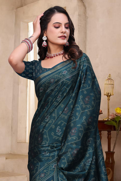 Teal Mal Cotton Woven Print Saree With Blouse for Women