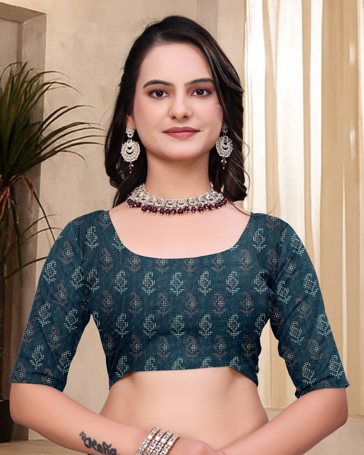Teal Mal Cotton Woven Print Saree With Blouse for Women