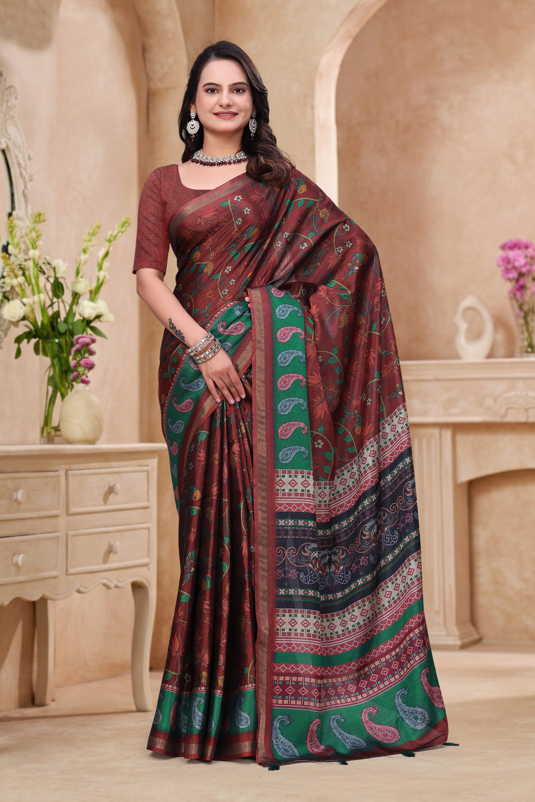 Maroon Floral Printed Mul Cotton Saree for Women