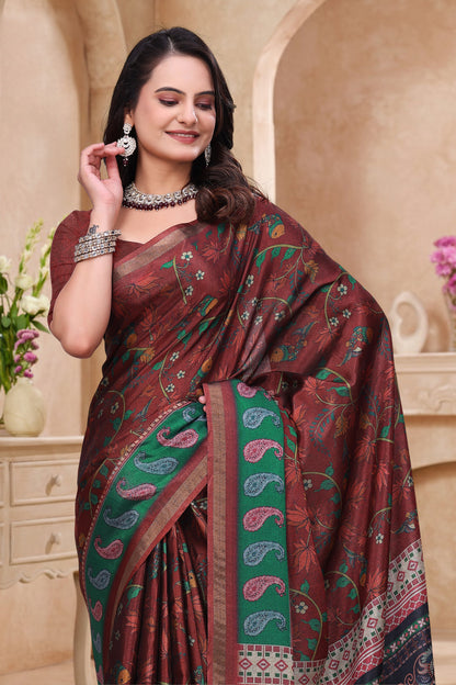 Maroon Floral Printed Mul Cotton Saree for Women
