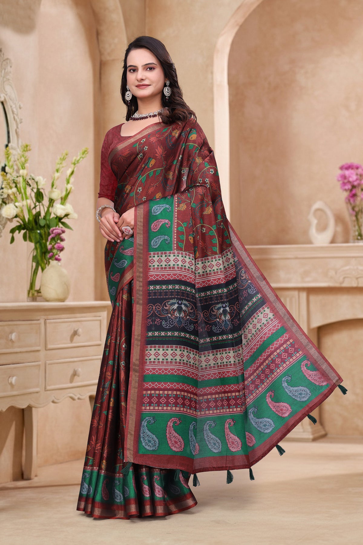 Maroon Floral Printed Mul Cotton Saree for Women