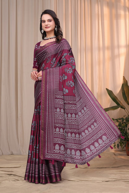 Wine Maroon Printed Mul Cotton Saree with Ornamental Pallu for Women