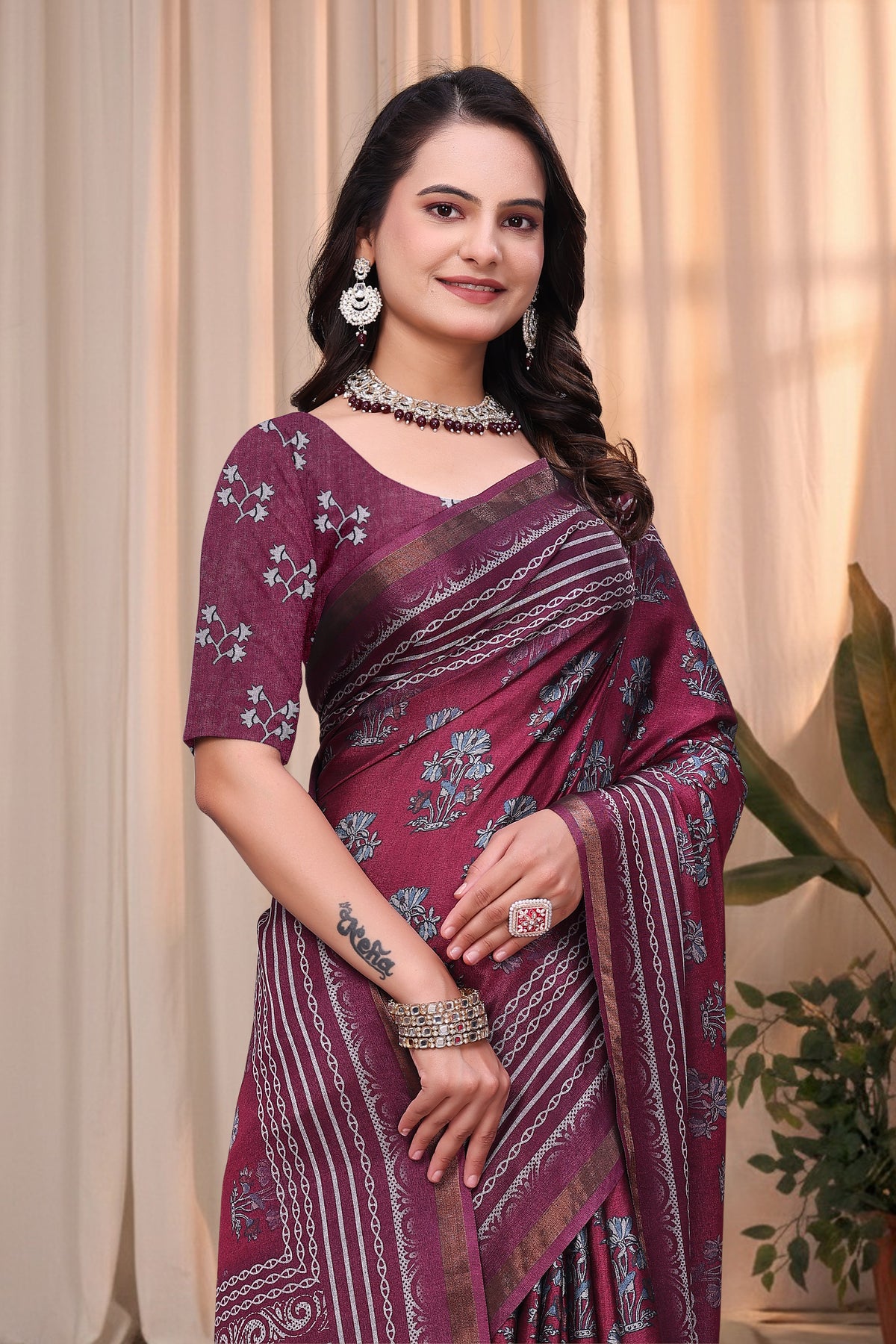 Wine Maroon Printed Mul Cotton Saree with Ornamental Pallu for Women