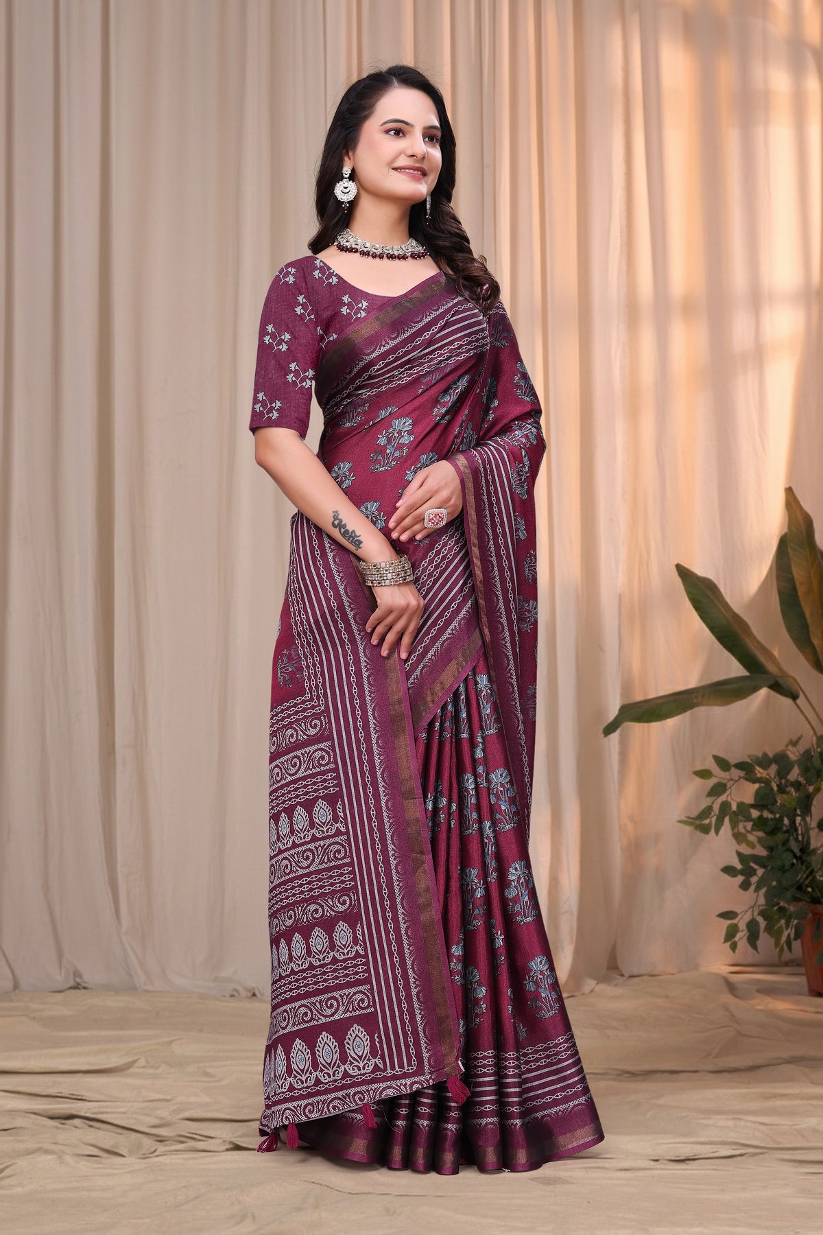 Wine Maroon Printed Mul Cotton Saree with Ornamental Pallu for Women