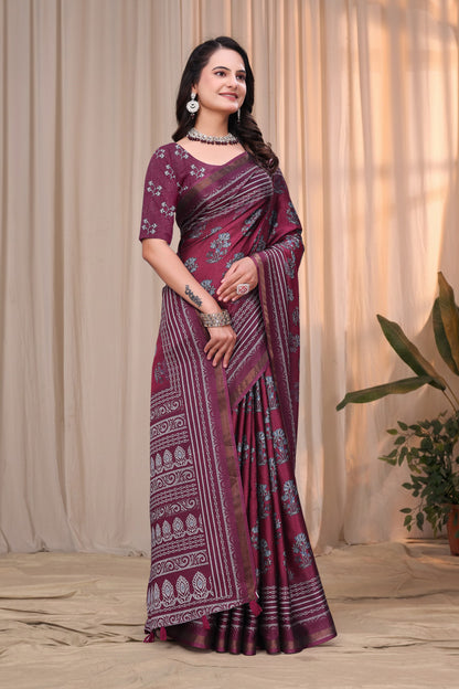 Wine Maroon Printed Mul Cotton Saree with Ornamental Pallu for Women