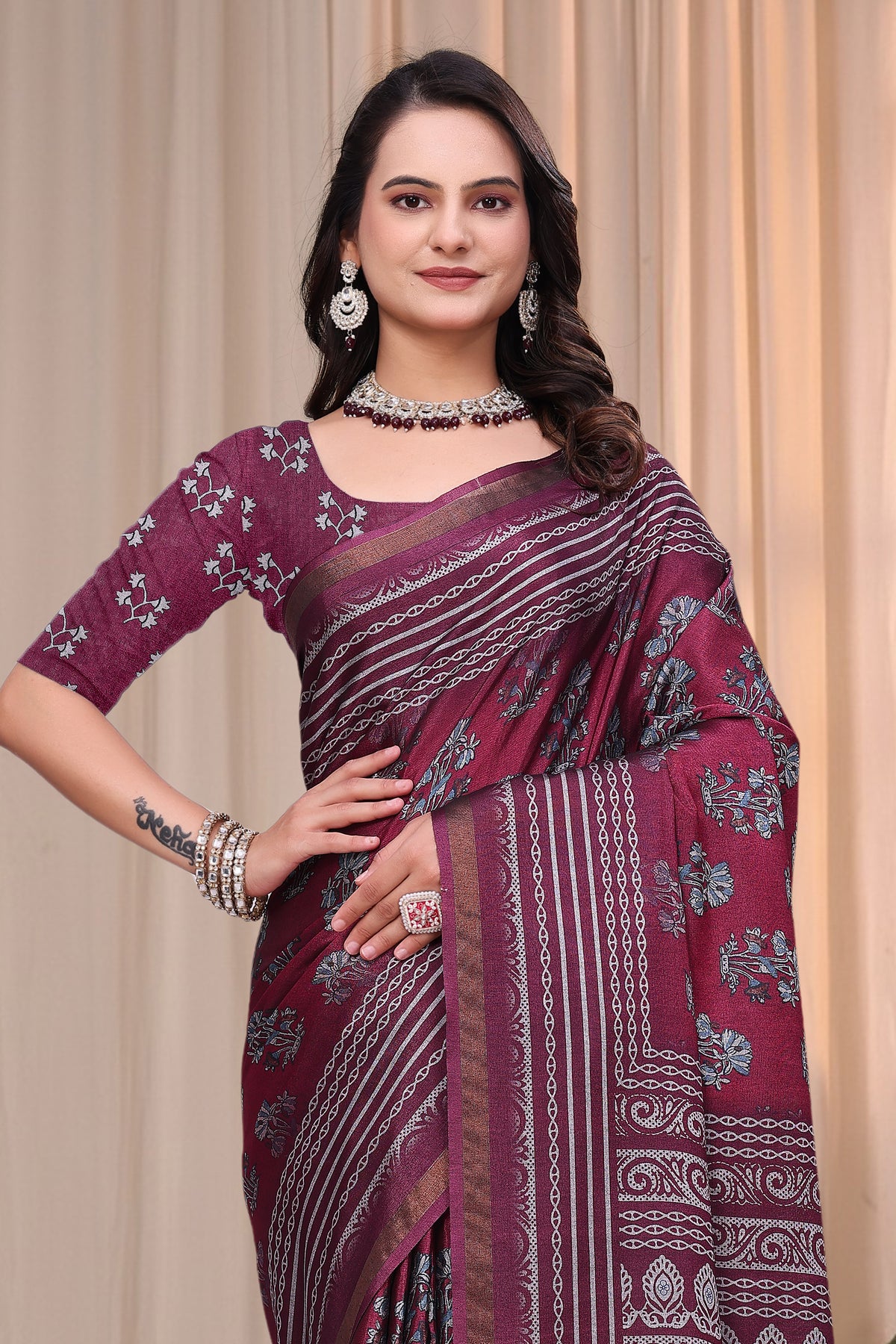 Wine Maroon Printed Mul Cotton Saree with Ornamental Pallu for Women