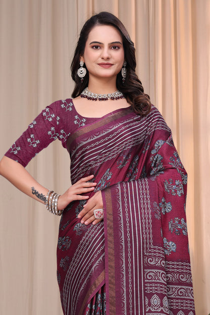 Wine Maroon Printed Mul Cotton Saree with Ornamental Pallu for Women