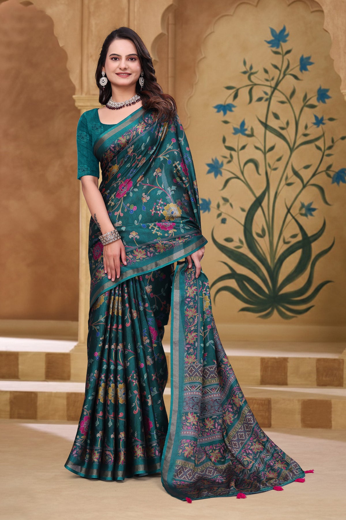 Teal Floral Printed Mul Cotton Saree with Designer Pallu for Women