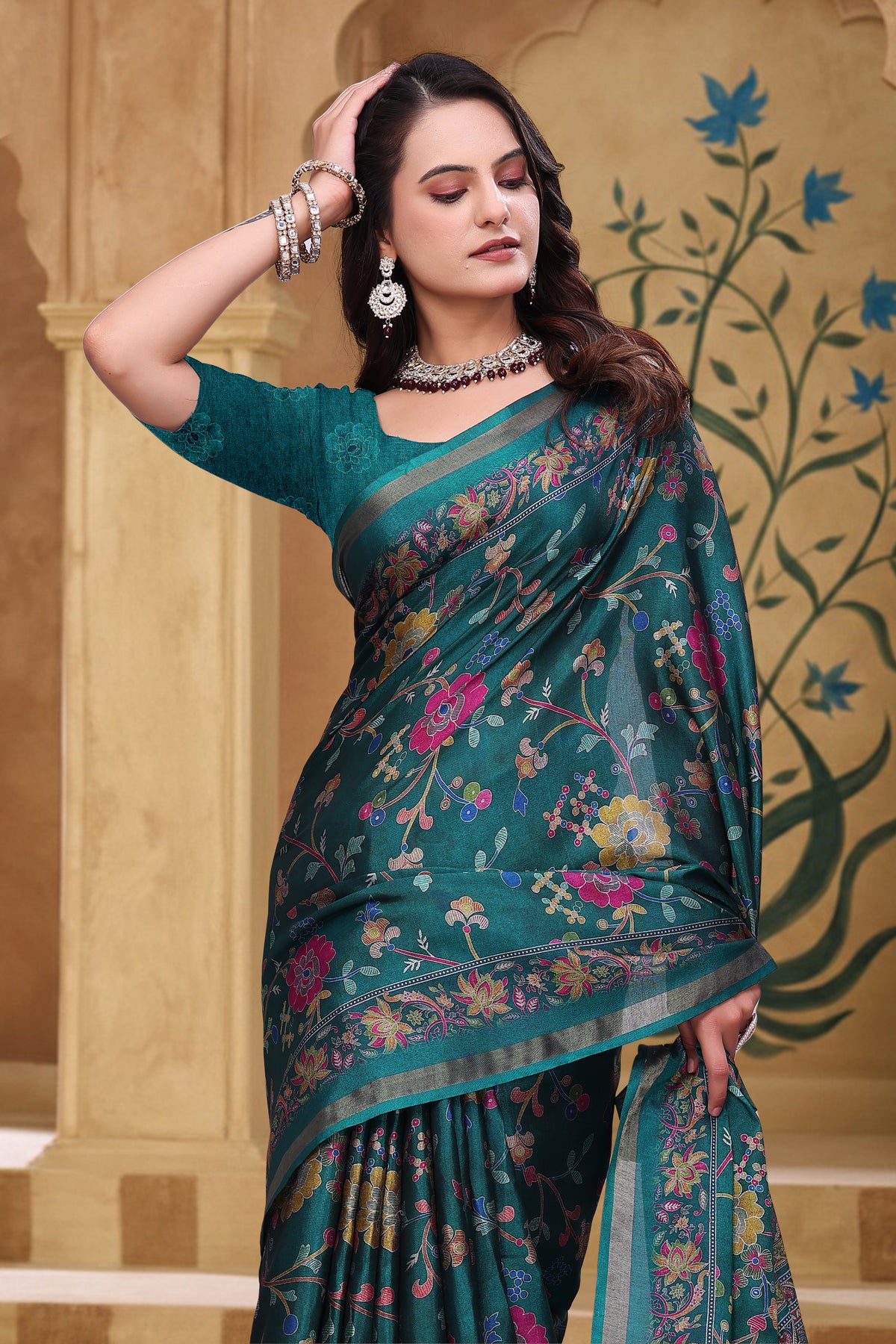 Teal Floral Printed Mul Cotton Saree with Designer Pallu for Women