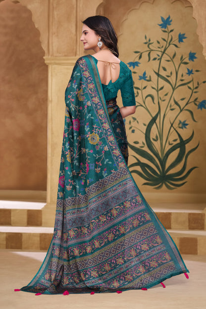 Teal Floral Printed Mul Cotton Saree with Designer Pallu for Women