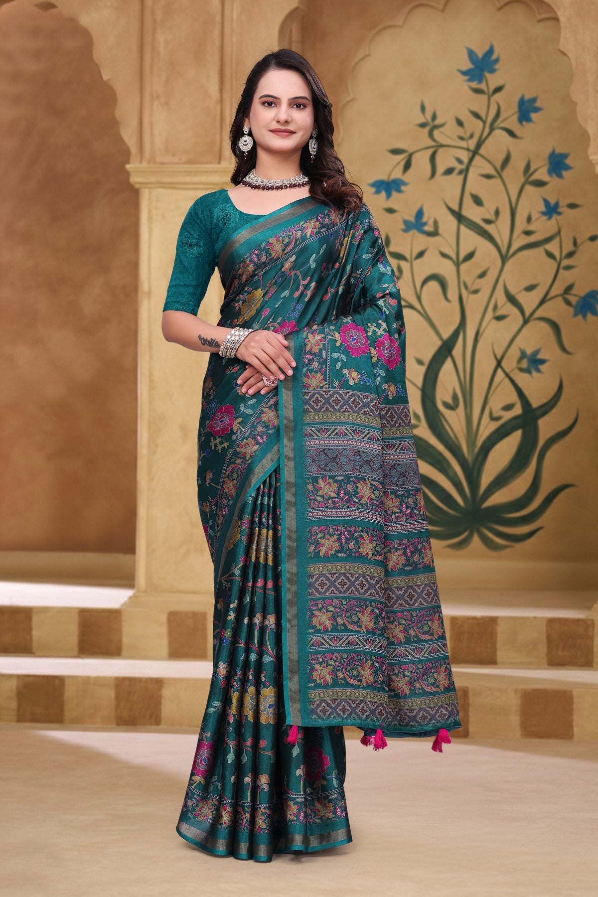 Teal Floral Printed Mul Cotton Saree with Designer Pallu for Women