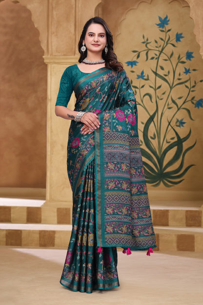 Teal Floral Printed Mul Cotton Saree with Designer Pallu for Women