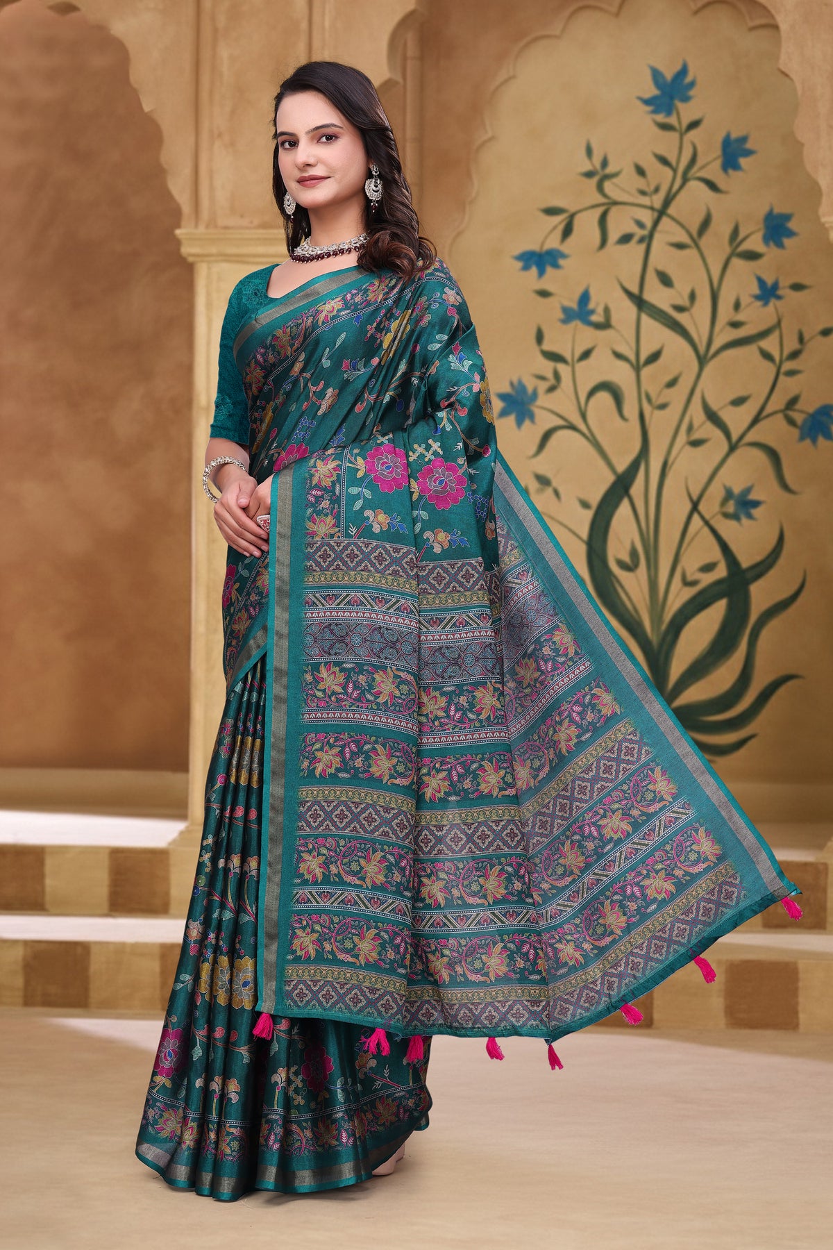 Teal Floral Printed Mul Cotton Saree with Designer Pallu for Women