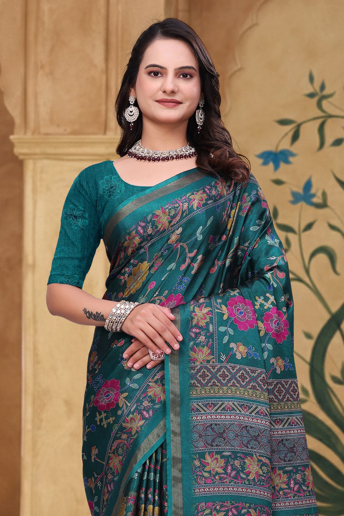 Teal Floral Printed Mul Cotton Saree with Designer Pallu for Women