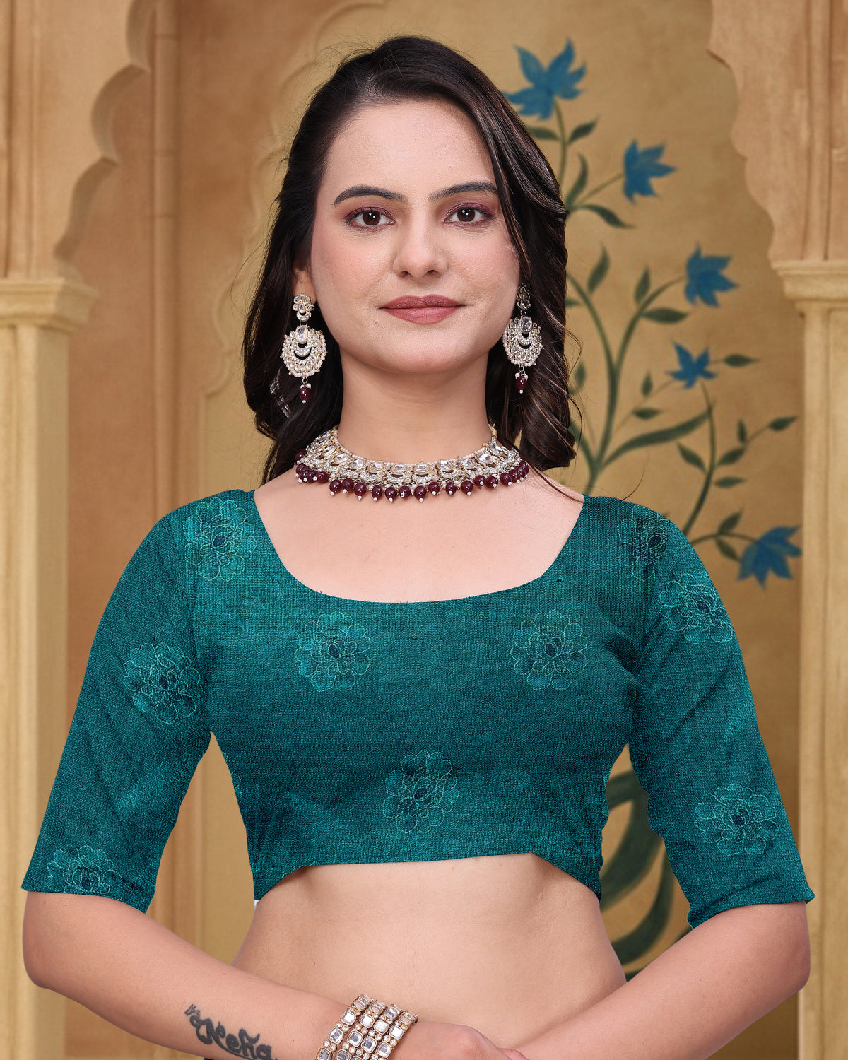 Teal Floral Printed Mul Cotton Saree with Designer Pallu for Women