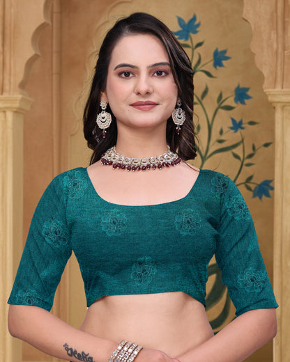 Teal Floral Printed Mul Cotton Saree with Designer Pallu for Women