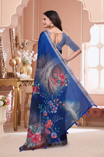 Royal Blue Floral Print Mal Cotton Saree for Party Wear for Women