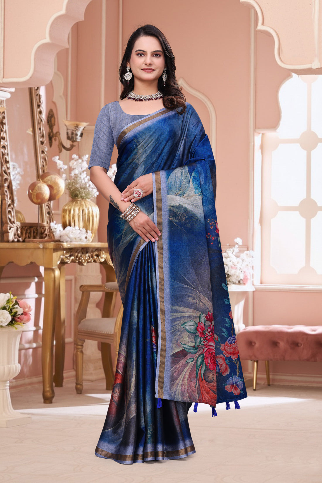 Royal Blue Floral Print Mal Cotton Saree for Party Wear for Women