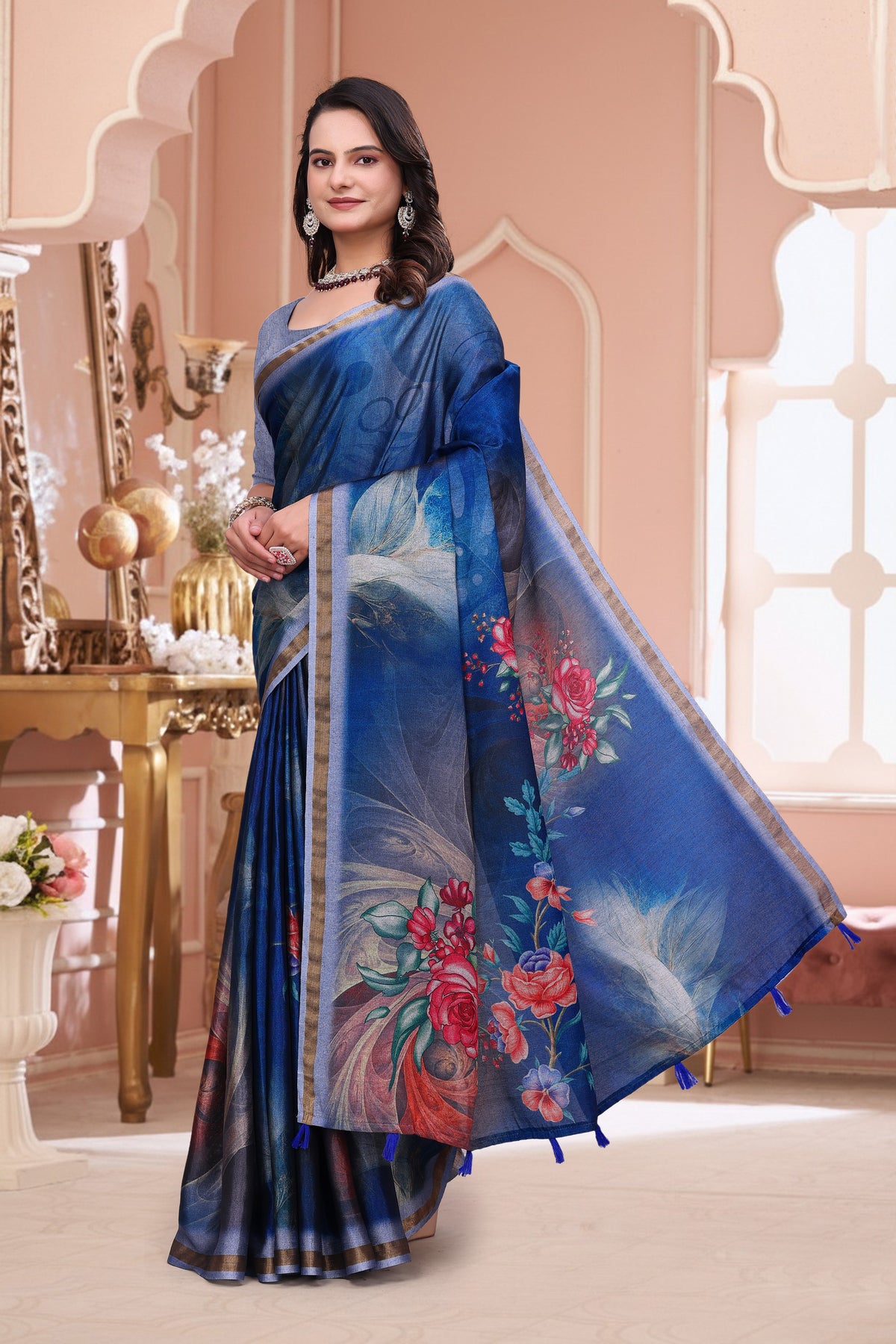 Royal Blue Floral Print Mal Cotton Saree for Party Wear for Women