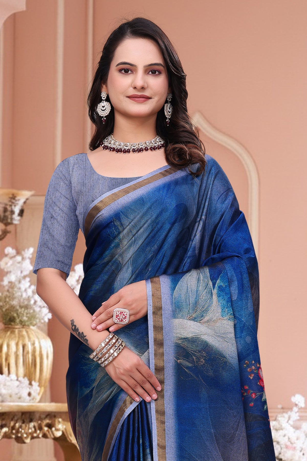 Royal Blue Floral Print Mal Cotton Saree for Party Wear for Women