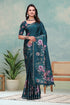 Teal Floral Mal Cotton Saree with Printed Pallu and Borders for Women