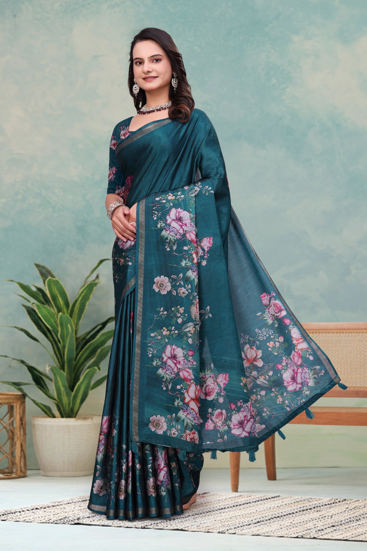 Teal Floral Mal Cotton Saree with Printed Pallu and Borders for Women