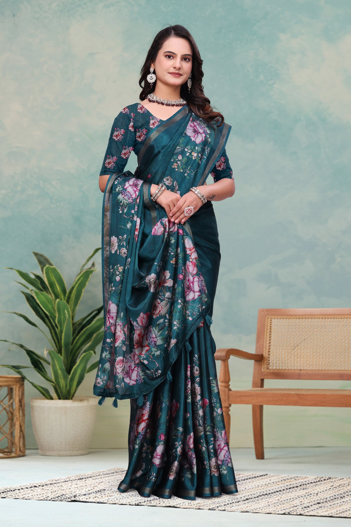 Teal Floral Mal Cotton Saree with Printed Pallu and Borders for Women