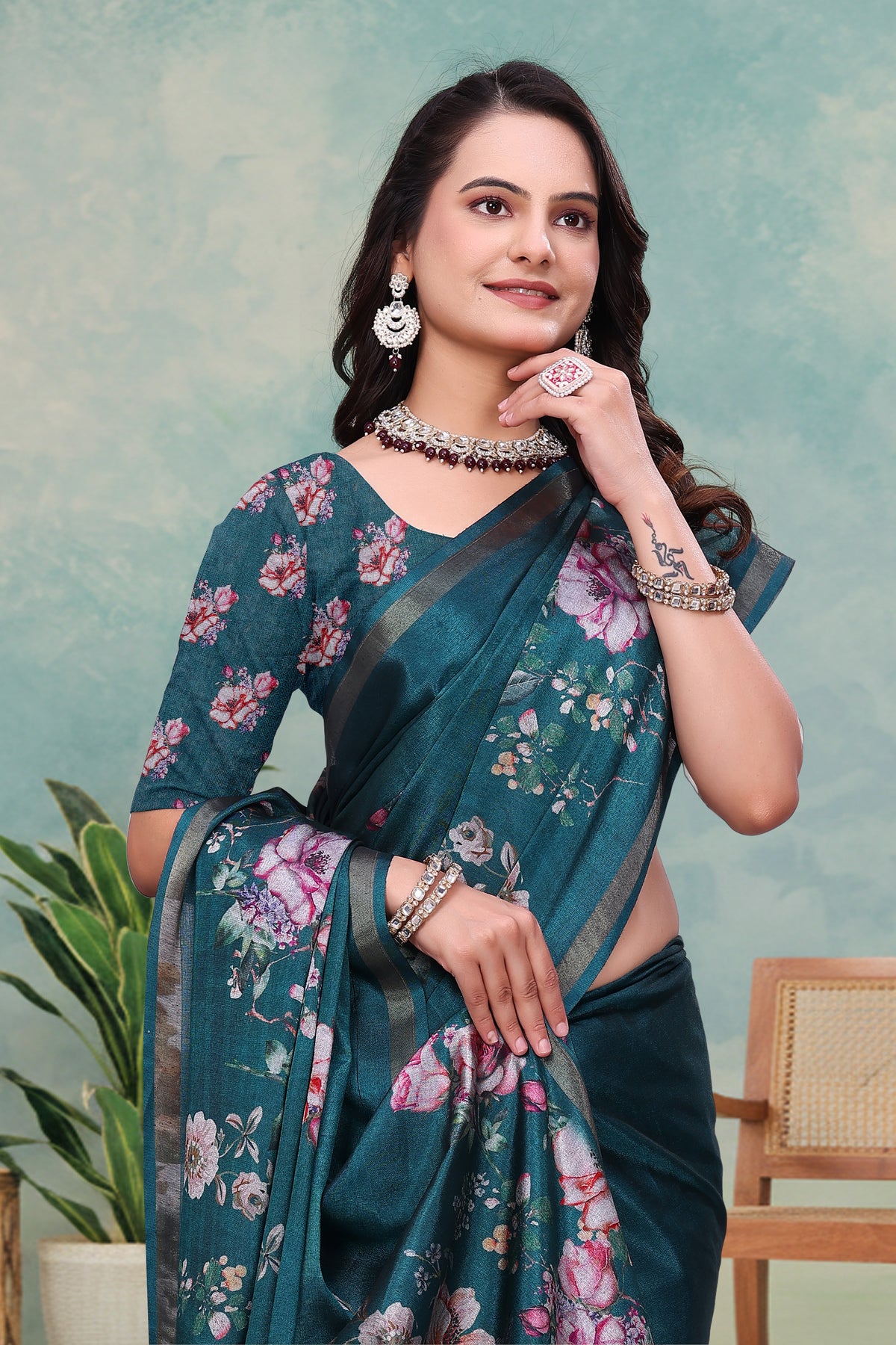 Teal Floral Mal Cotton Saree with Printed Pallu and Borders for Women