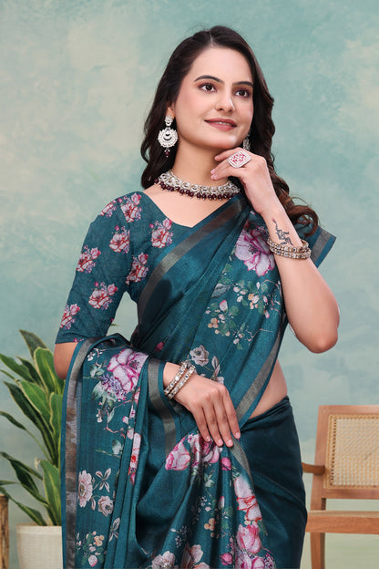 Teal Floral Mal Cotton Saree with Printed Pallu and Borders for Women