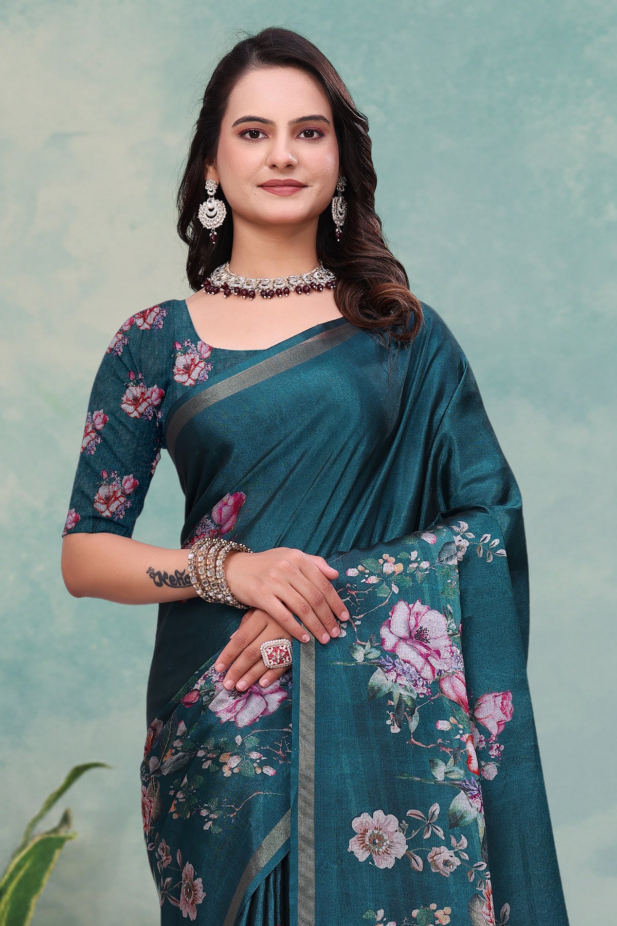 Teal Floral Mal Cotton Saree with Printed Pallu and Borders for Women