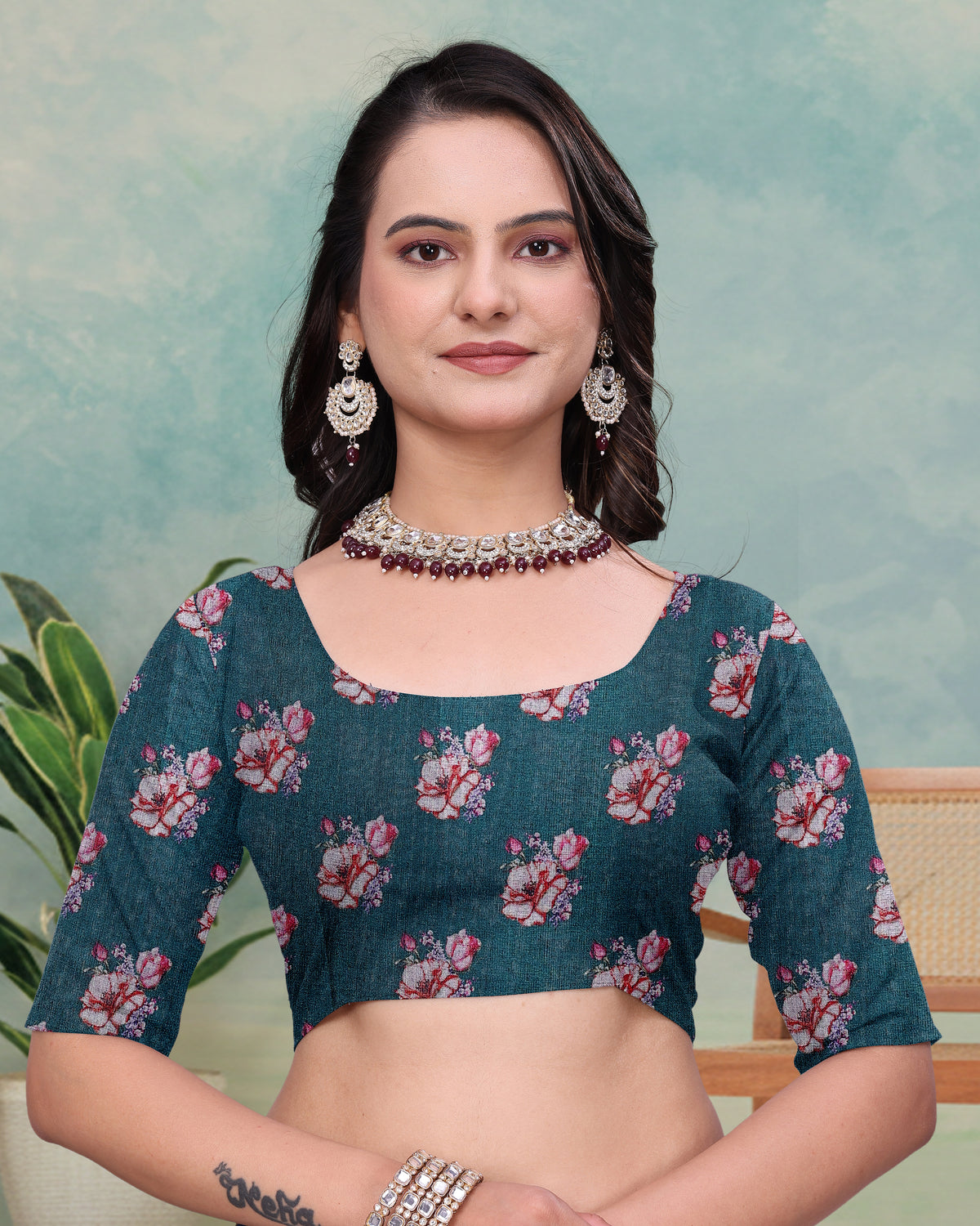 Teal Floral Mal Cotton Saree with Printed Pallu and Borders for Women