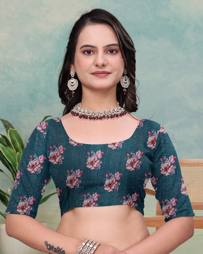 Teal Floral Mal Cotton Saree with Printed Pallu and Borders for Women
