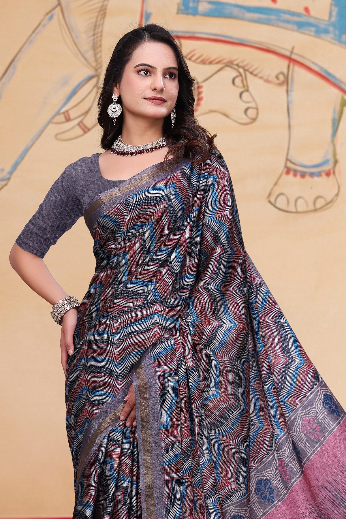 Multicolor Wave Print Mal Cotton Saree with Designer Pallu for Women