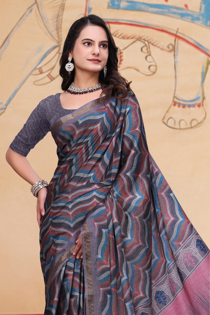 Multicolor Wave Print Mal Cotton Saree with Designer Pallu for Women
