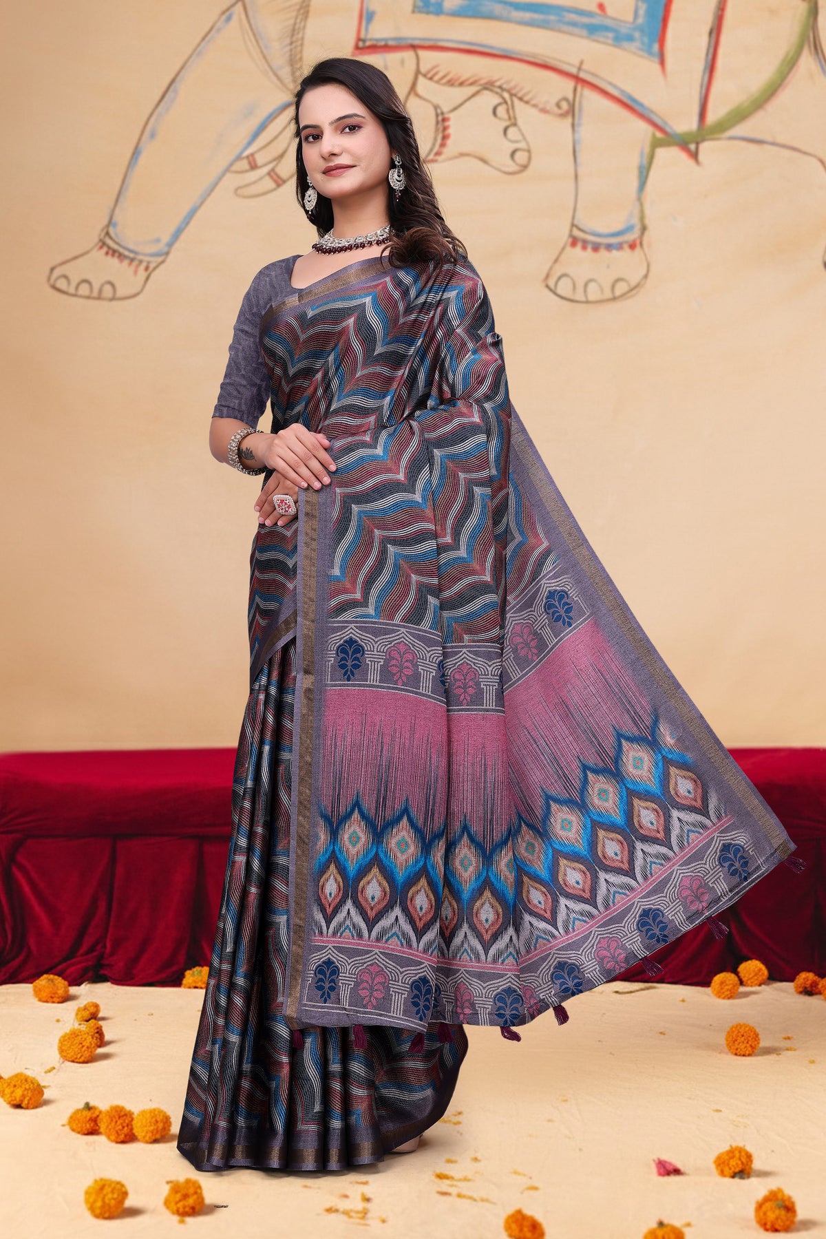 Multicolor Wave Print Mal Cotton Saree with Designer Pallu for Women