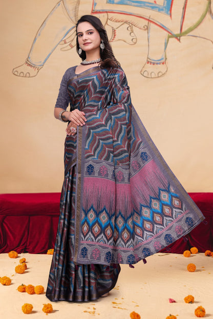 Multicolor Wave Print Mal Cotton Saree with Designer Pallu for Women
