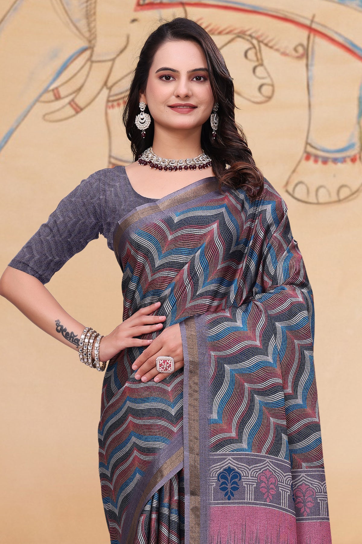 Multicolor Wave Print Mal Cotton Saree with Designer Pallu for Women
