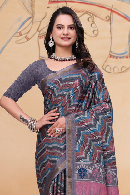 Multicolor Wave Print Mal Cotton Saree with Designer Pallu for Women