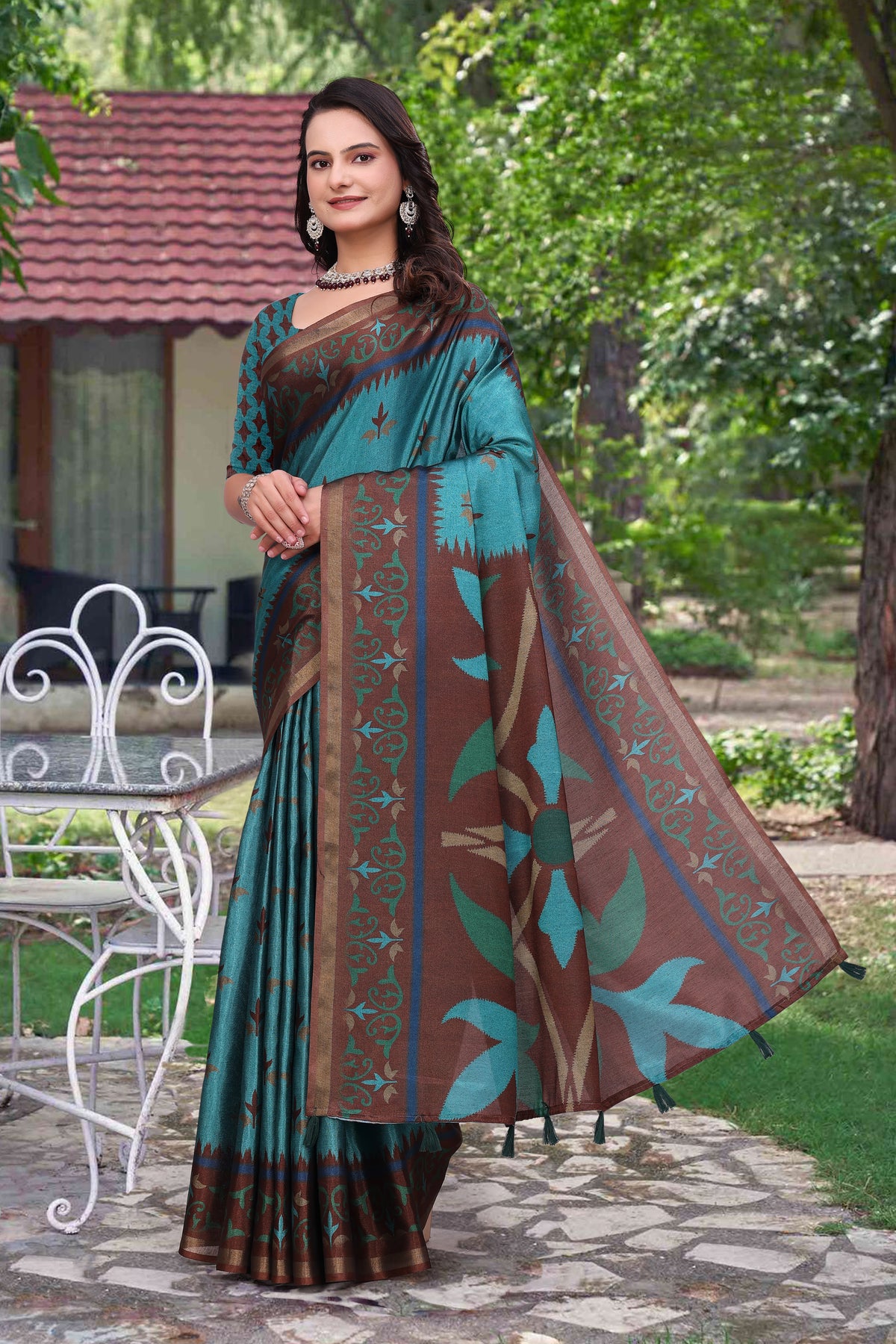 Teal Blue Modal Cotton Floral Woven Saree with Brown Border for Women