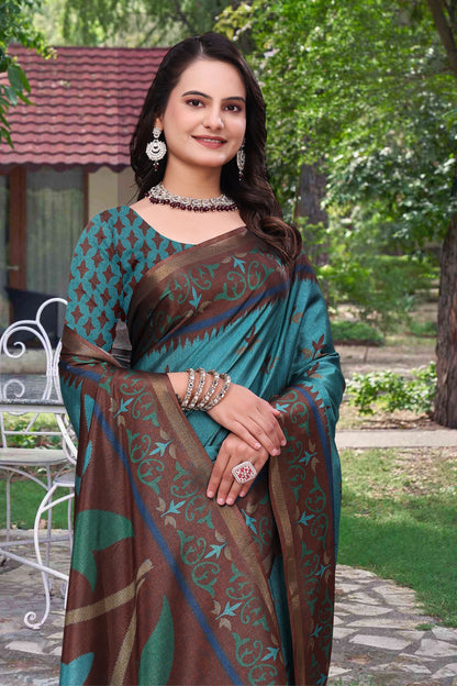 Teal Blue Modal Cotton Floral Woven Saree with Brown Border for Women