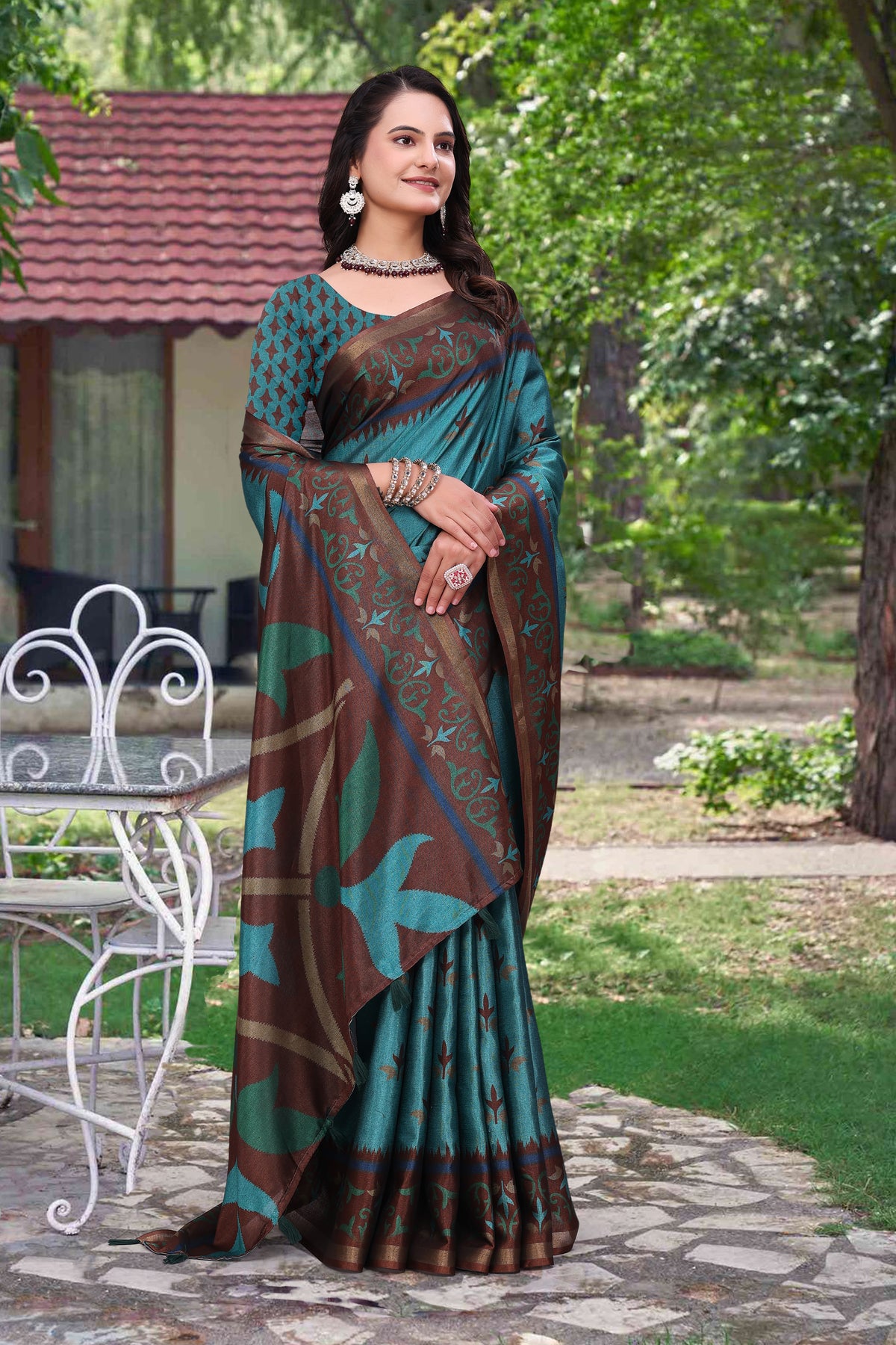 Teal Blue Modal Cotton Floral Woven Saree with Brown Border for Women