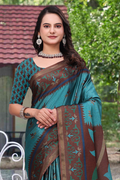 Teal Blue Modal Cotton Floral Woven Saree with Brown Border for Women
