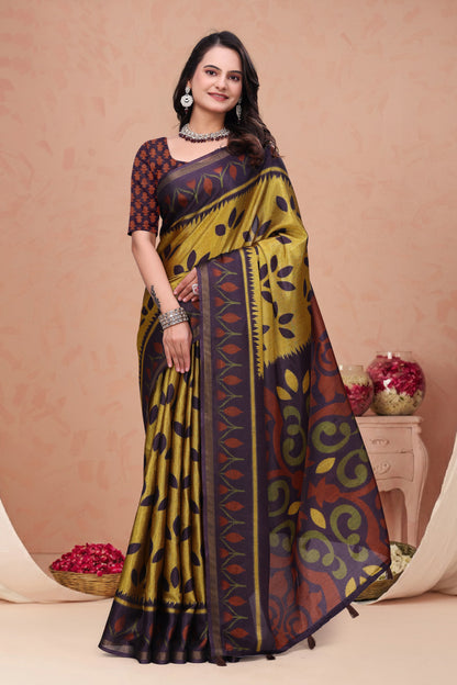 Mustard Purple Mal Cotton Printed Saree with Designer Pallu for Women