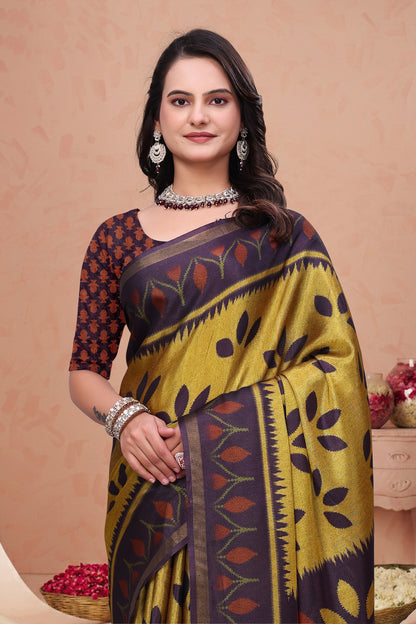 Mustard Purple Mal Cotton Printed Saree with Designer Pallu for Women