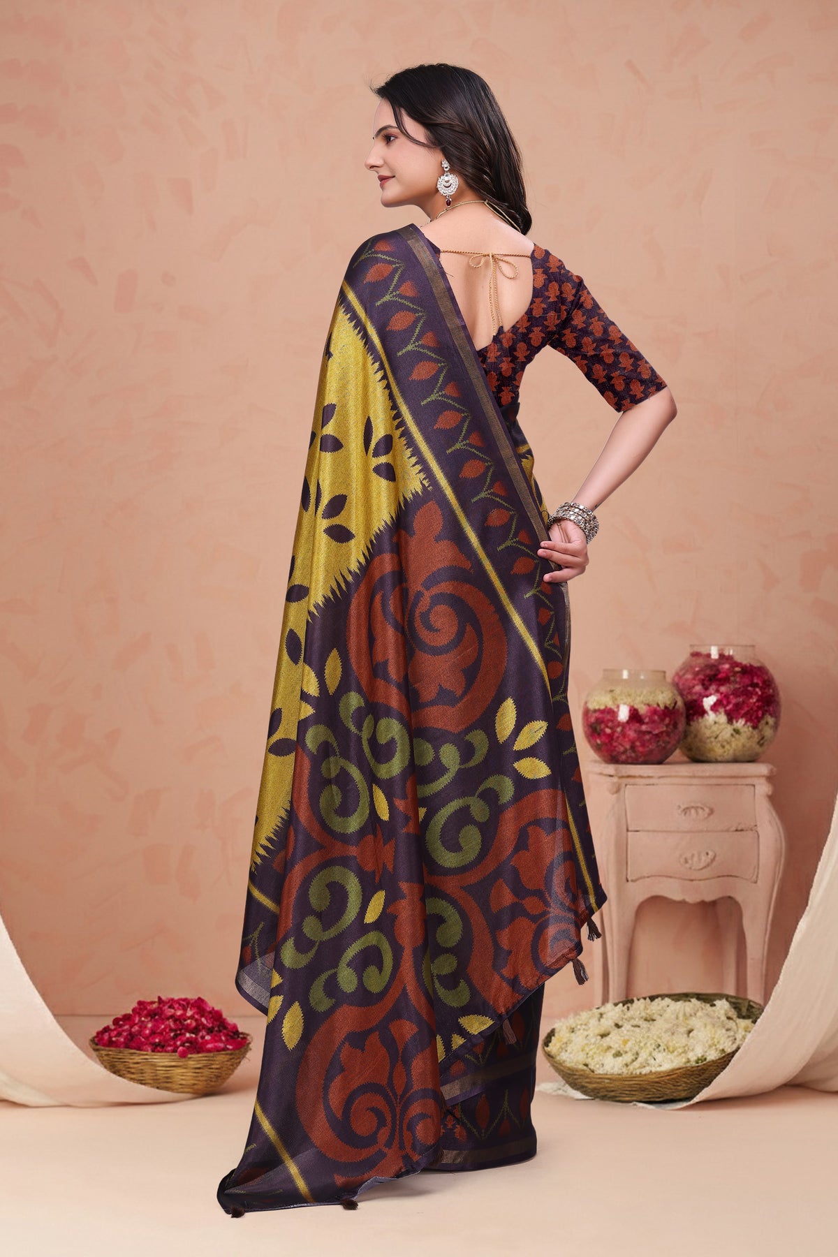 Mustard Purple Mal Cotton Printed Saree with Designer Pallu for Women