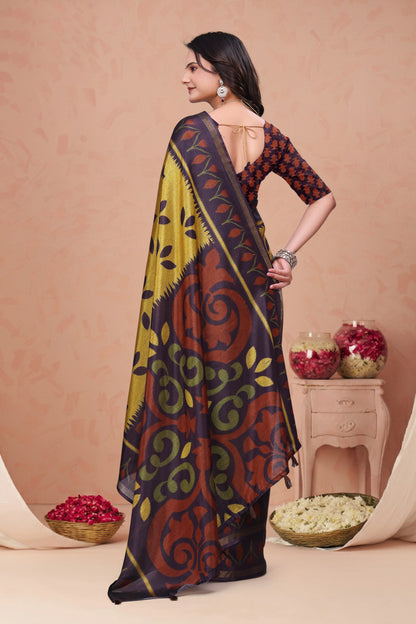 Mustard Purple Mal Cotton Printed Saree with Designer Pallu for Women