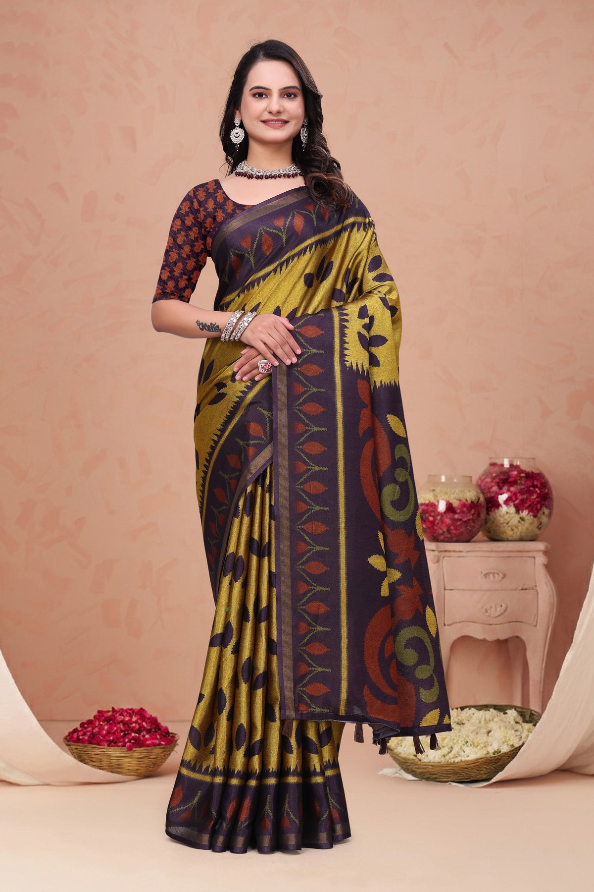 Mustard Purple Mal Cotton Printed Saree with Designer Pallu for Women